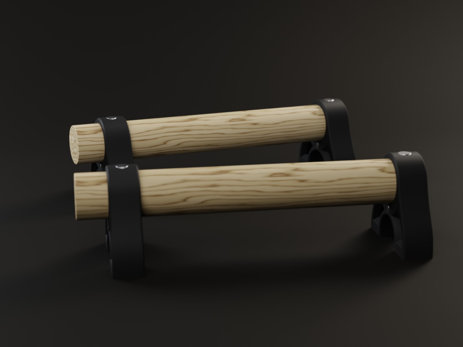 Et sæt Magbar push-up bars i lyst fyrretræ med matsorte 3D-printede endestykker